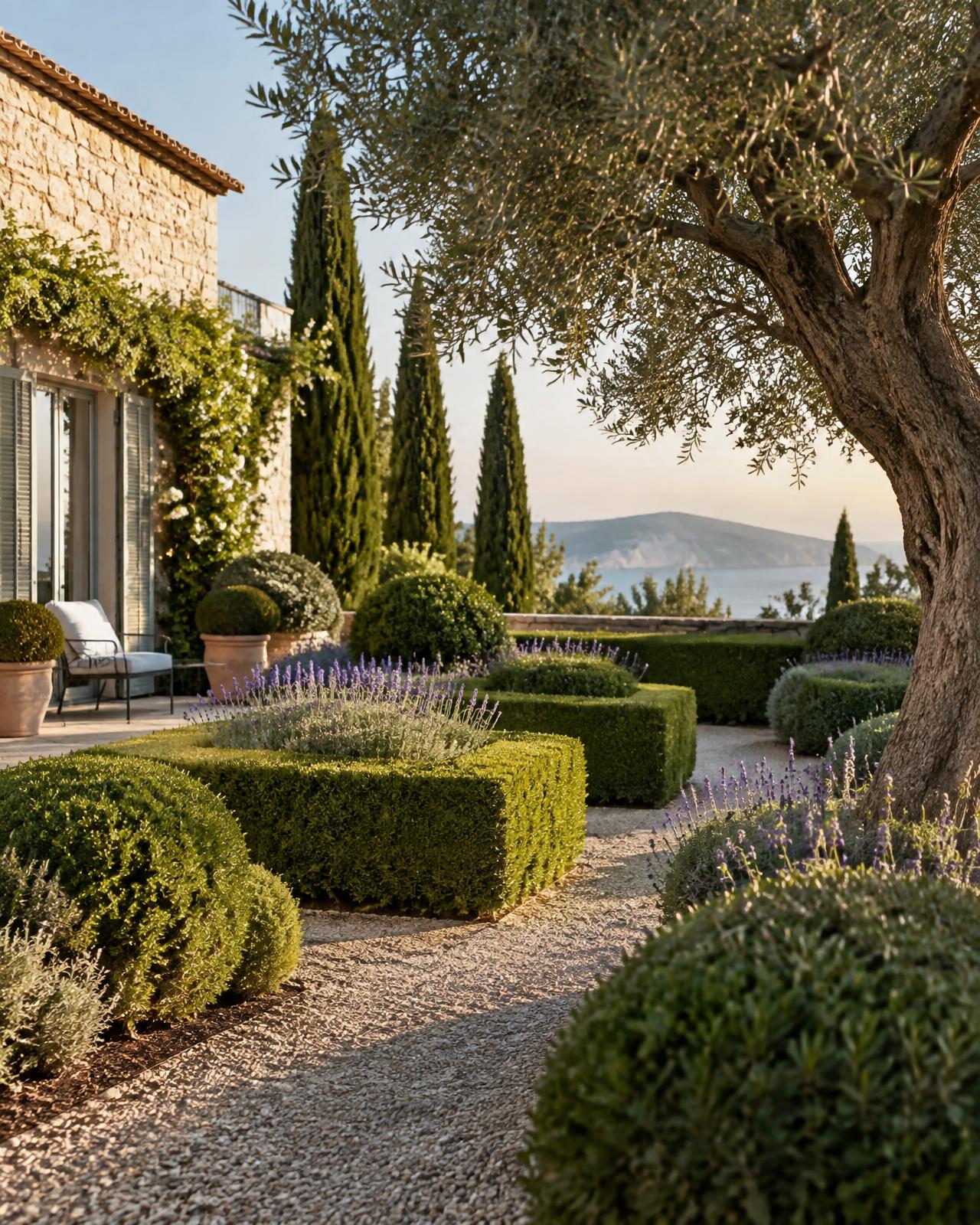 Jardín mediterráneo con setos recortados, olivo y lavanda